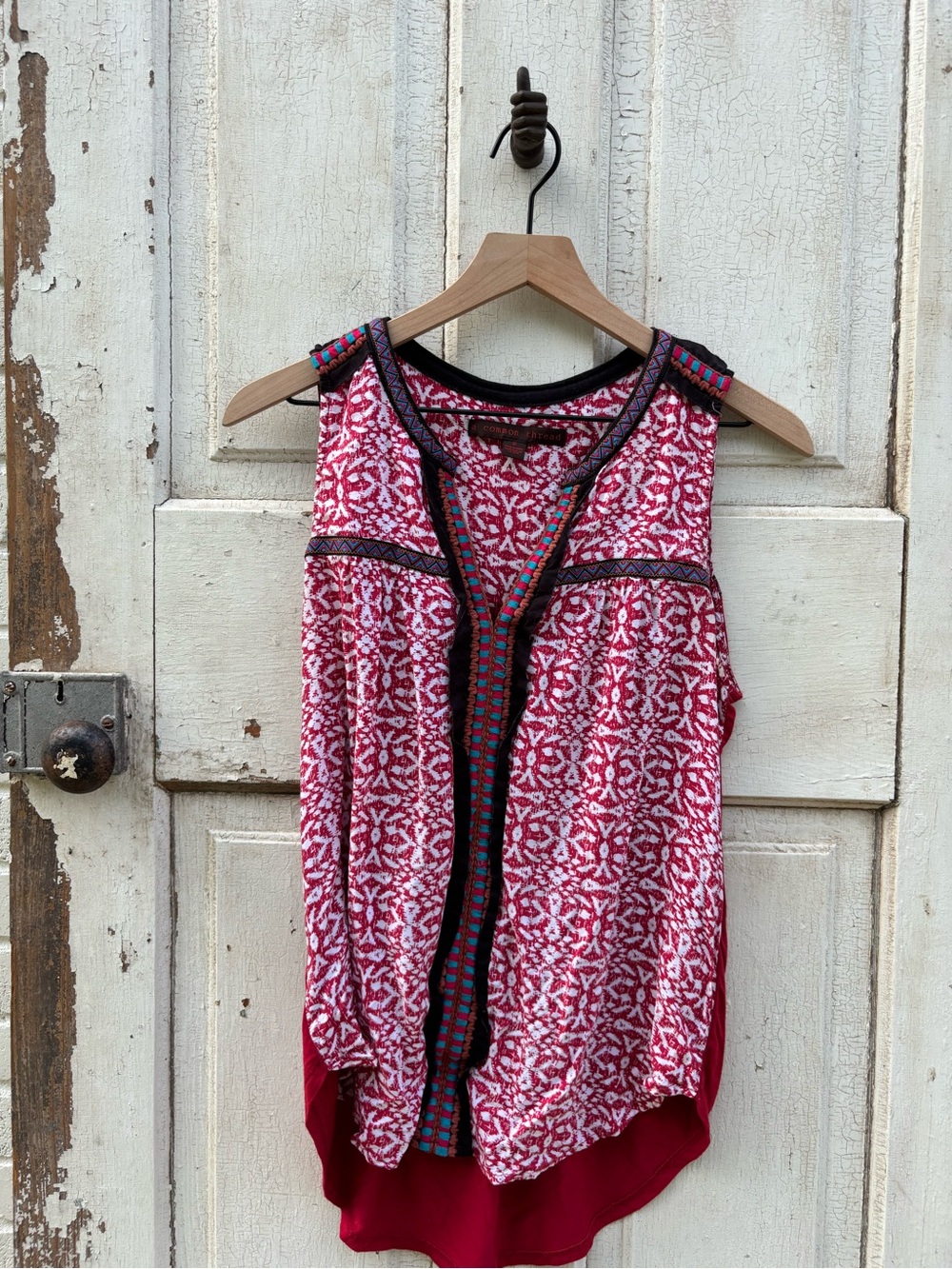 Red Printed Sleeveless Tank Top with Trim Detail